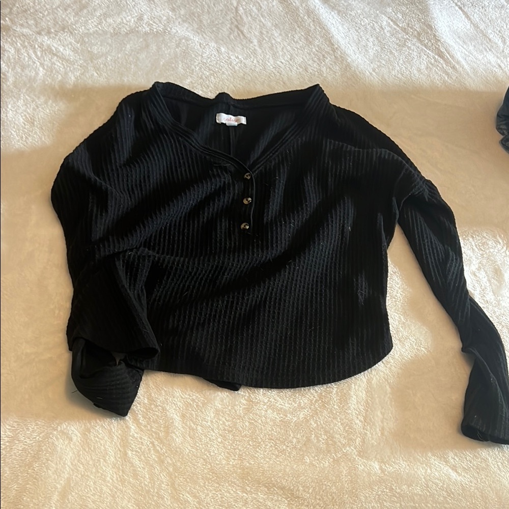Black Button-Up Ribbed Top - Picture 3 of 3